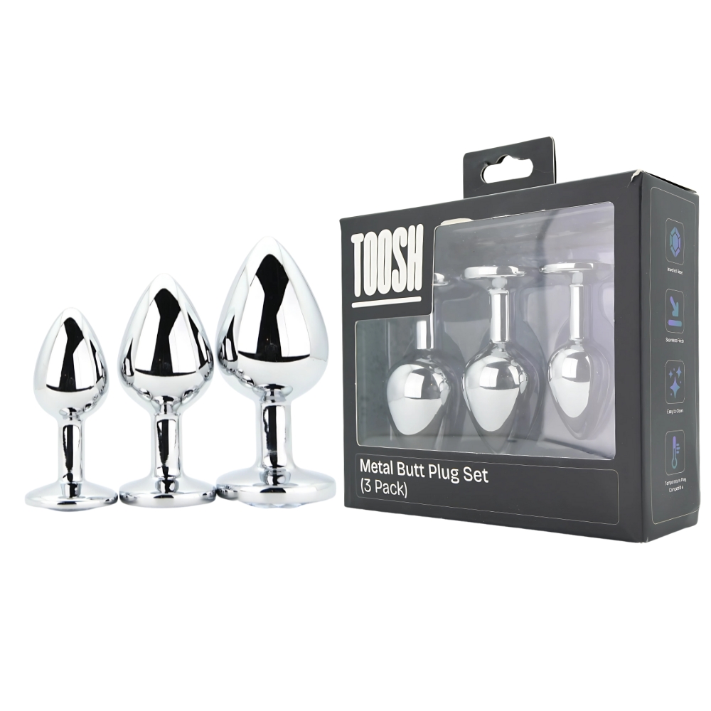 Toosh Metal Butt Plug Silver Set of 3 Clear Stone - Image 13