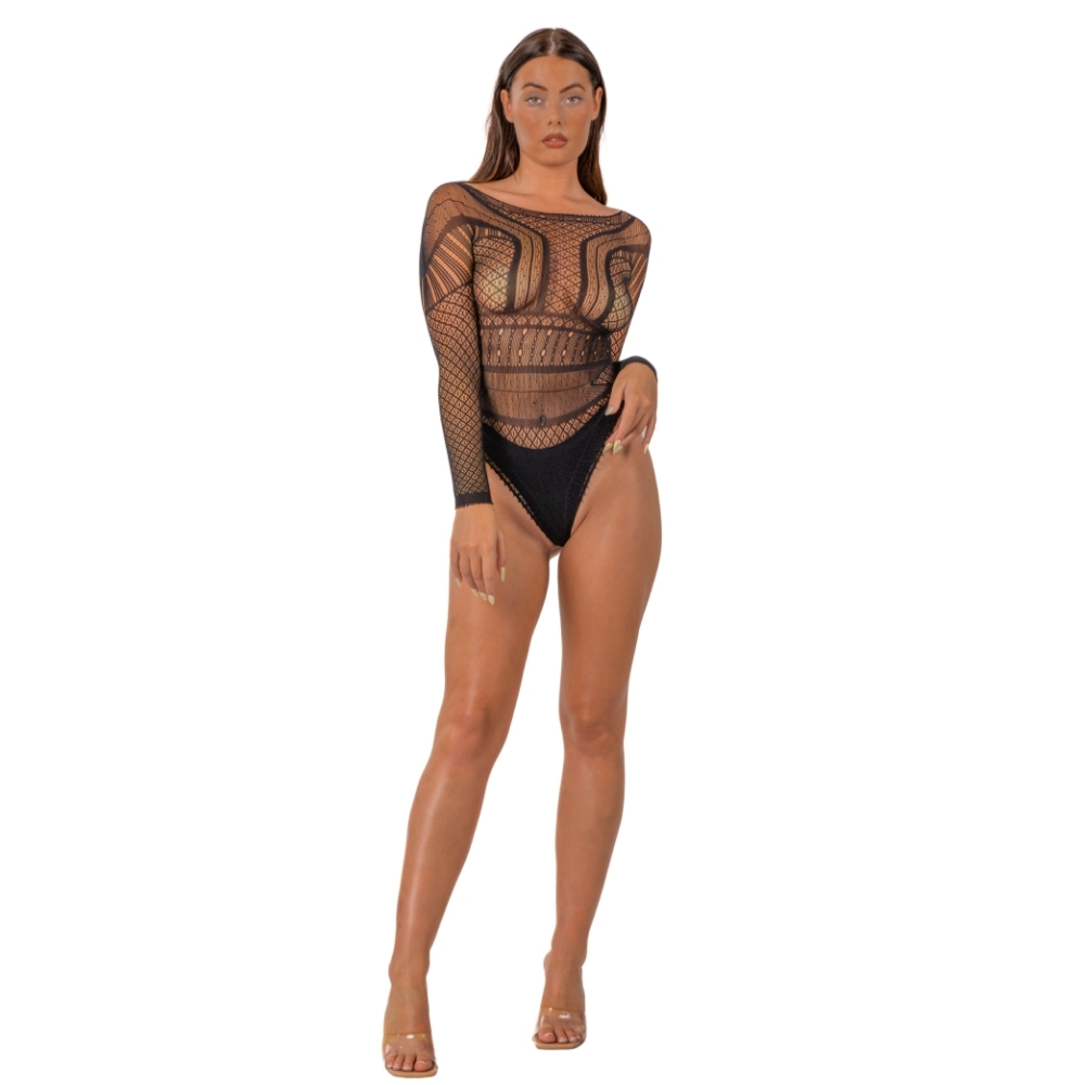 Lace by LJ Seamless Lace Long Sleeved Bodysuit Black - Image 3
