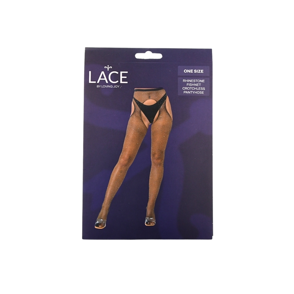 Lace by LJ Rhinestone Fishnet Crotchless Pantyhose Black - Image 5